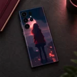 Cute Girl Mobile Skin – Pink Moon Silhouette, overhead burgundy desk view