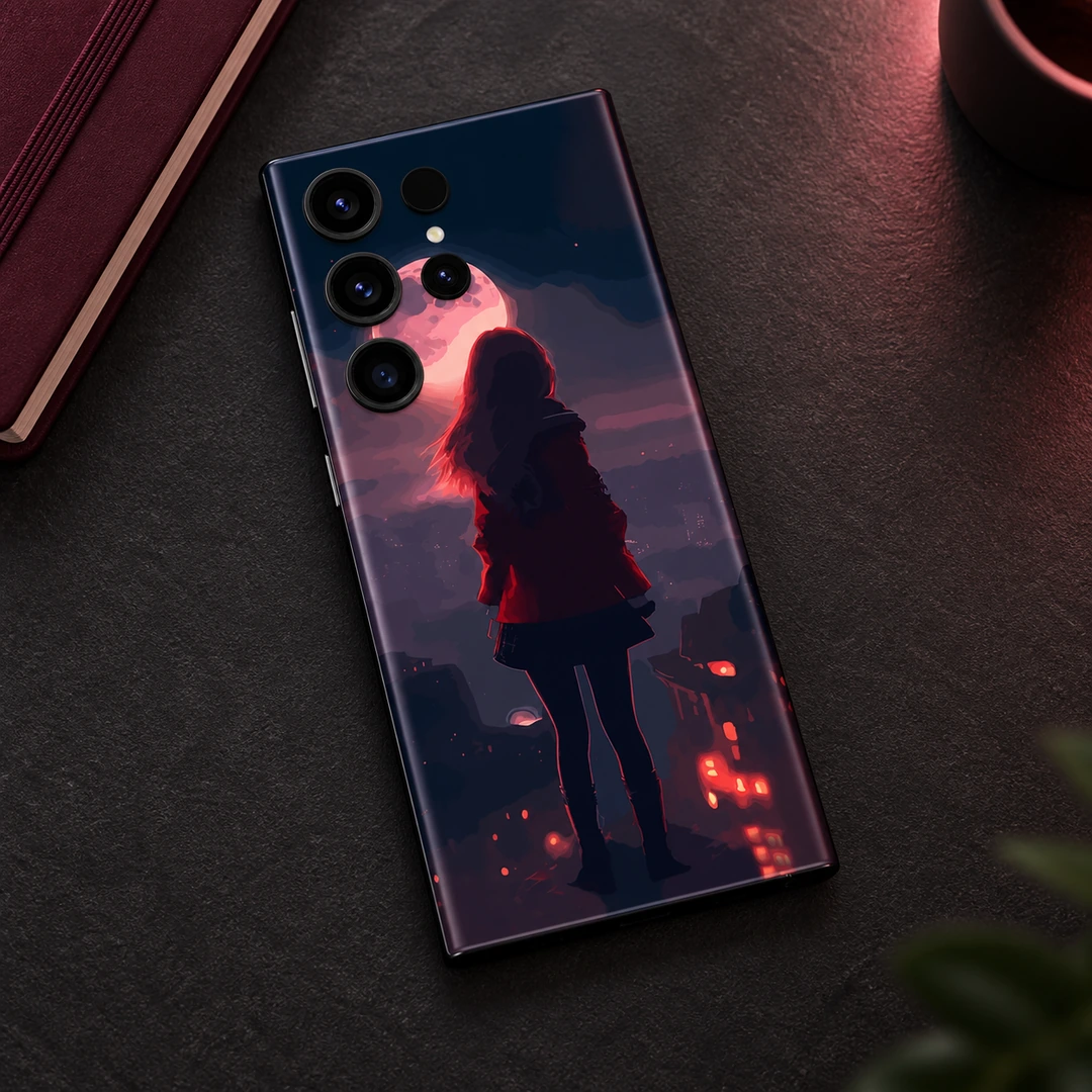 Cute Girl Mobile Skin – Pink Moon Silhouette - Overhead burgundy desk view Cute Girl Mobile Skin – Pink Moon Silhouette, overhead burgundy desk view
