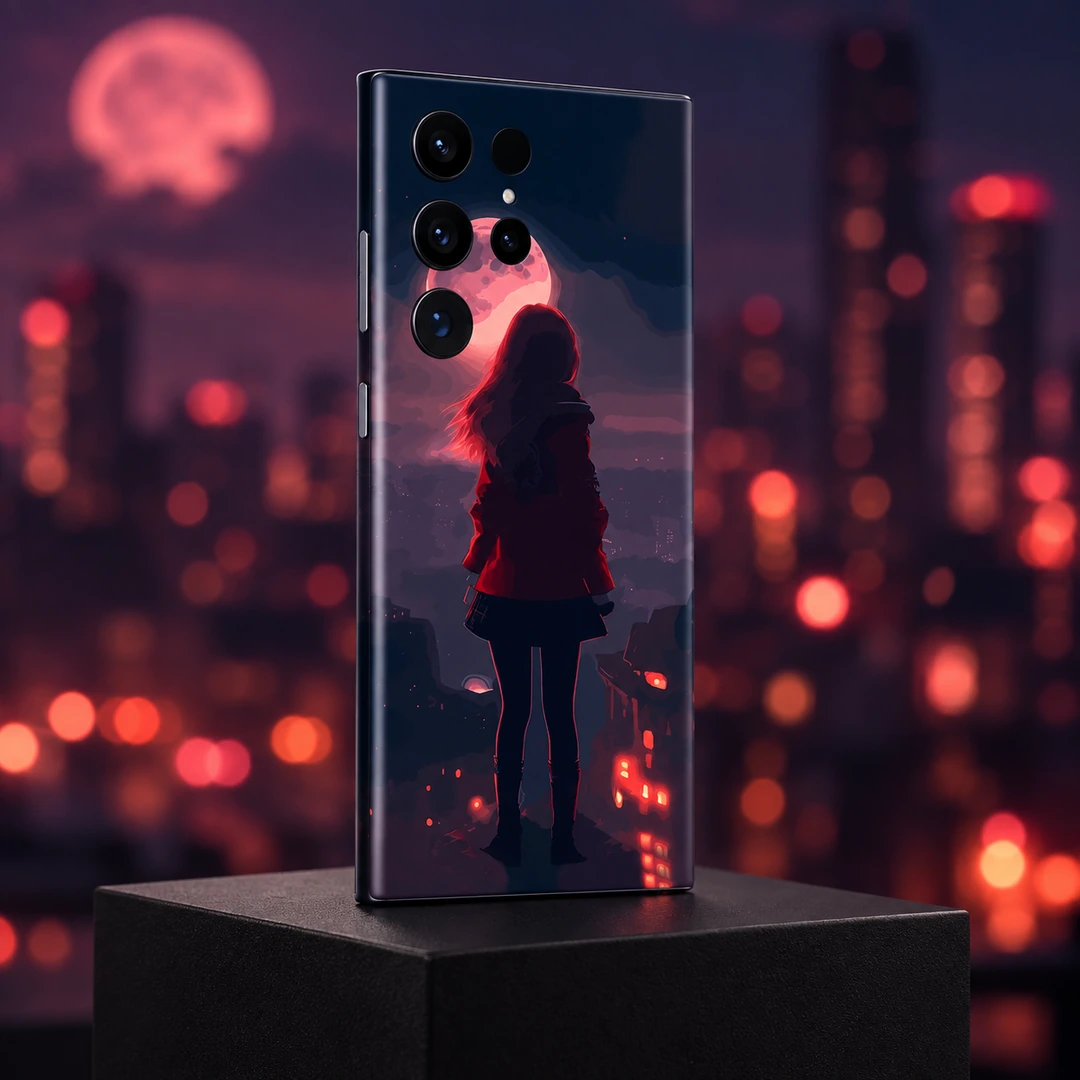 Cute Girl Mobile Skin – Pink Moon Silhouette - Angled midnight display Cute Girl Mobile Skin – Pink Moon Silhouette, angled midnight display