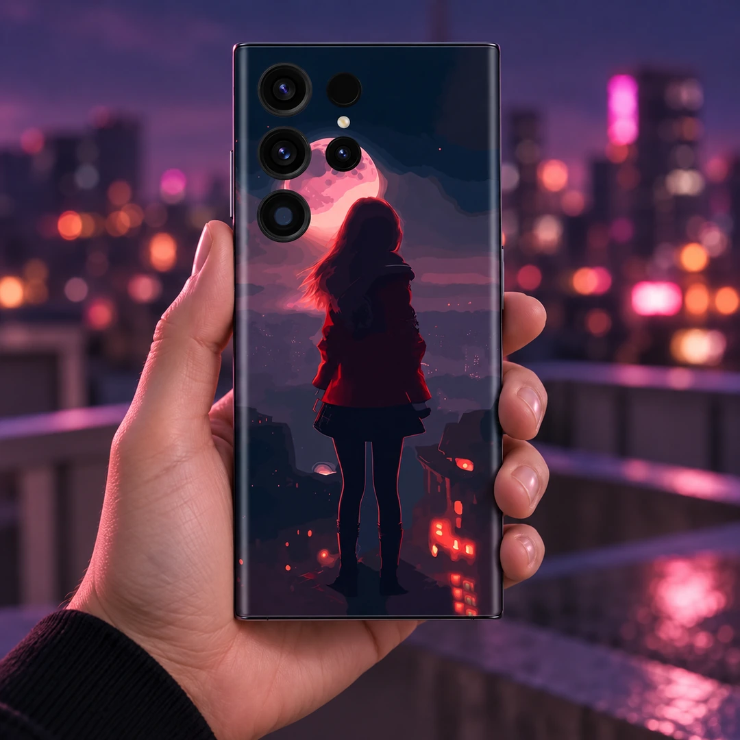 Cute Girl Mobile Skin – Pink Moon Silhouette - Handheld rooftop view Cute Girl Mobile Skin – Pink Moon Silhouette, handheld rooftop view