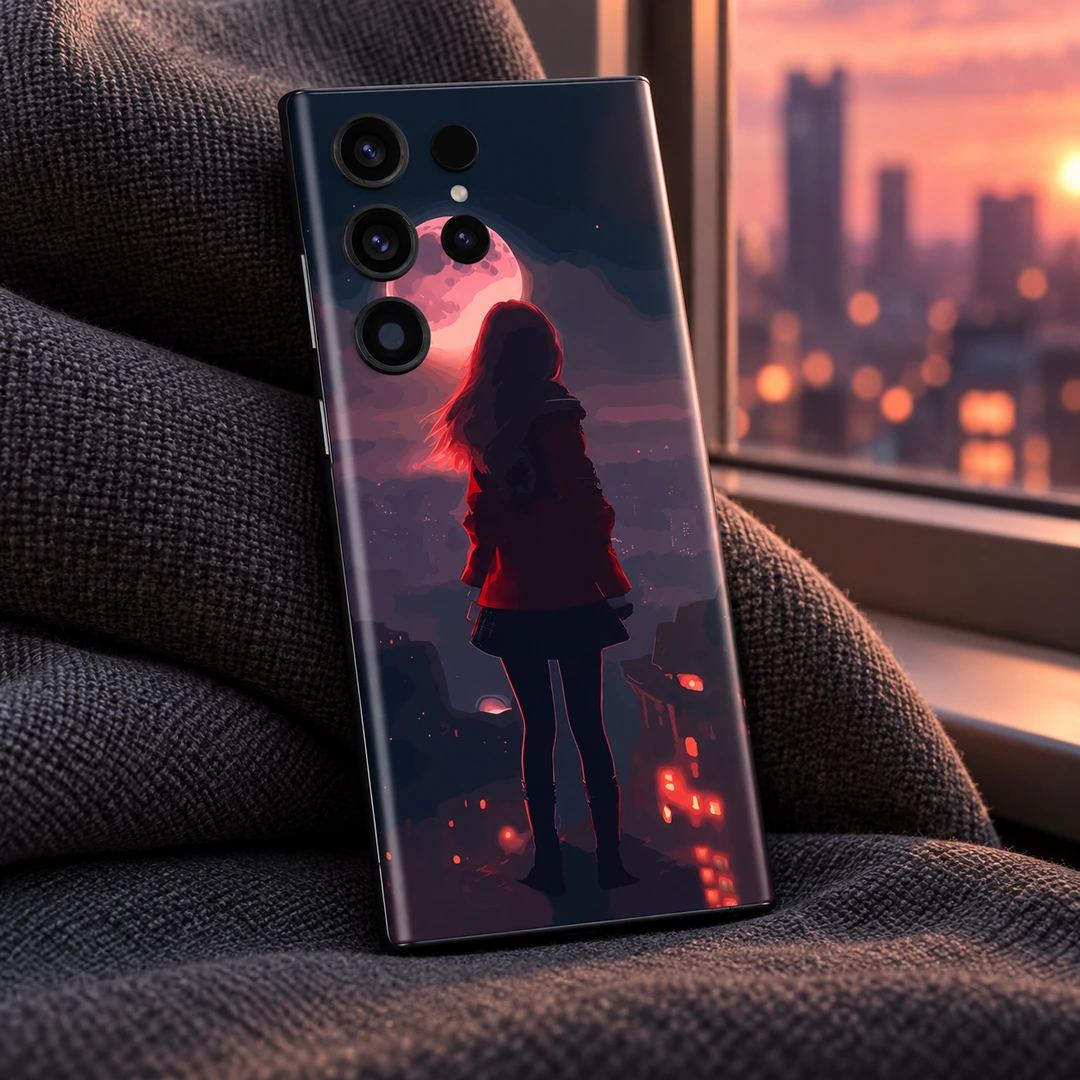 Cute Girl Mobile Skin – Pink Moon Silhouette - Window light detail Cute Girl Mobile Skin – Pink Moon Silhouette, window light detail