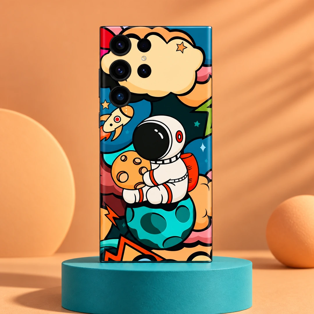 Astronaut Art Mobile Skin – Colourful Space Cartoon - Apricot and teal studio hero Astronaut Art Mobile Skin – Colourful Space Cartoon, apricot and teal studio hero