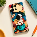 Astronaut Art Mobile Skin – Colourful Space Cartoon, overhead creative desk view