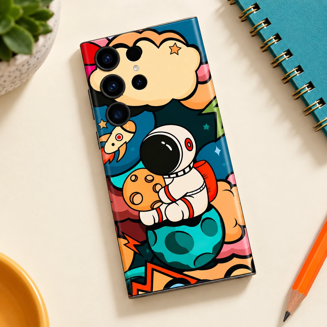 Astronaut Art Mobile Skin – Colourful Space Cartoon - Overhead creative desk view Astronaut Art Mobile Skin – Colourful Space Cartoon, overhead creative desk view