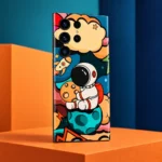 Astronaut Art Mobile Skin – Colourful Space Cartoon, angled orange display