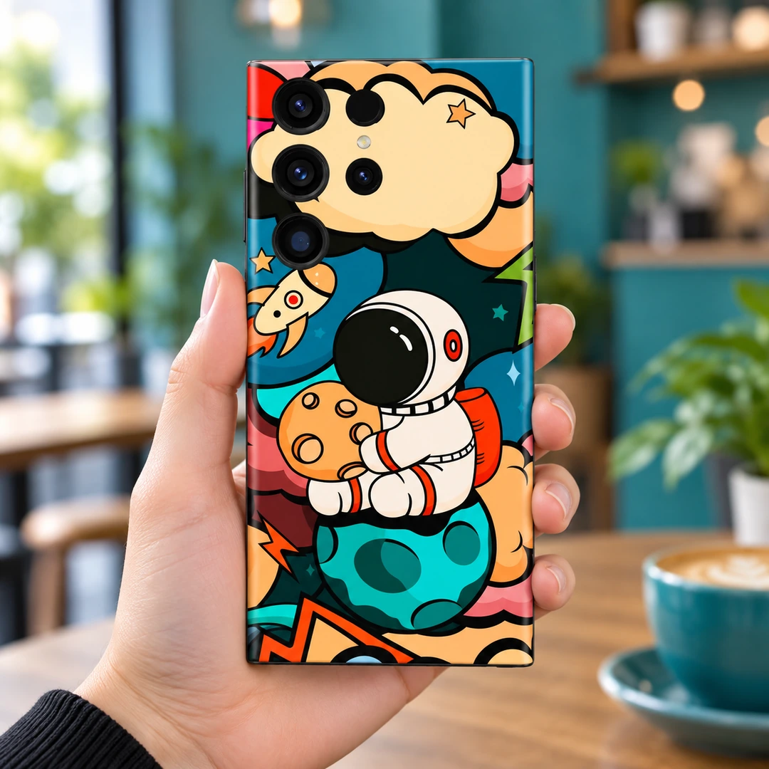 Astronaut Art Mobile Skin – Colourful Space Cartoon - Handheld cafe view Astronaut Art Mobile Skin – Colourful Space Cartoon, handheld cafe view