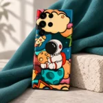 Astronaut Art Mobile Skin – Colourful Space Cartoon, teal fabric detail