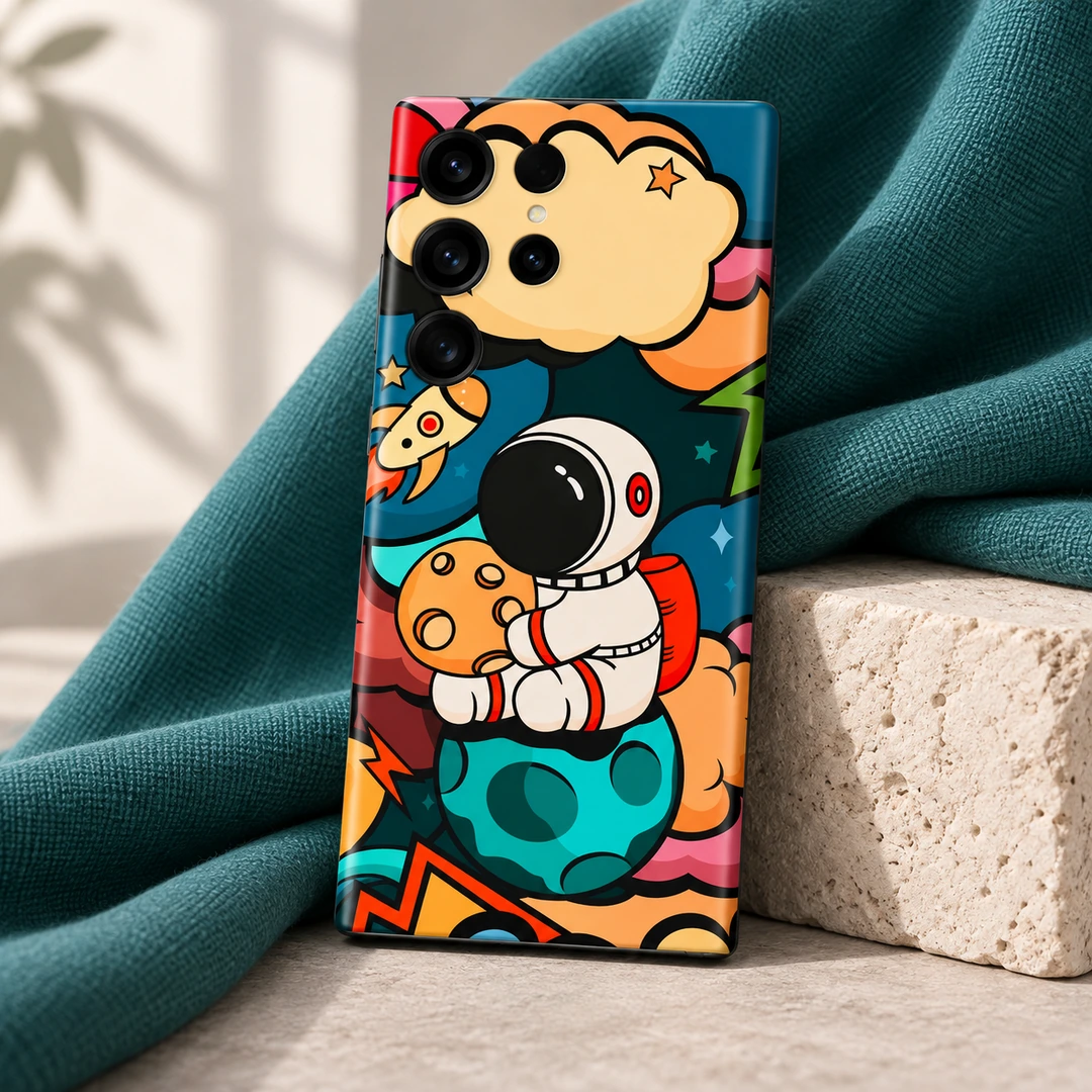 Astronaut Art Mobile Skin – Colourful Space Cartoon - Teal fabric detail Astronaut Art Mobile Skin – Colourful Space Cartoon, teal fabric detail