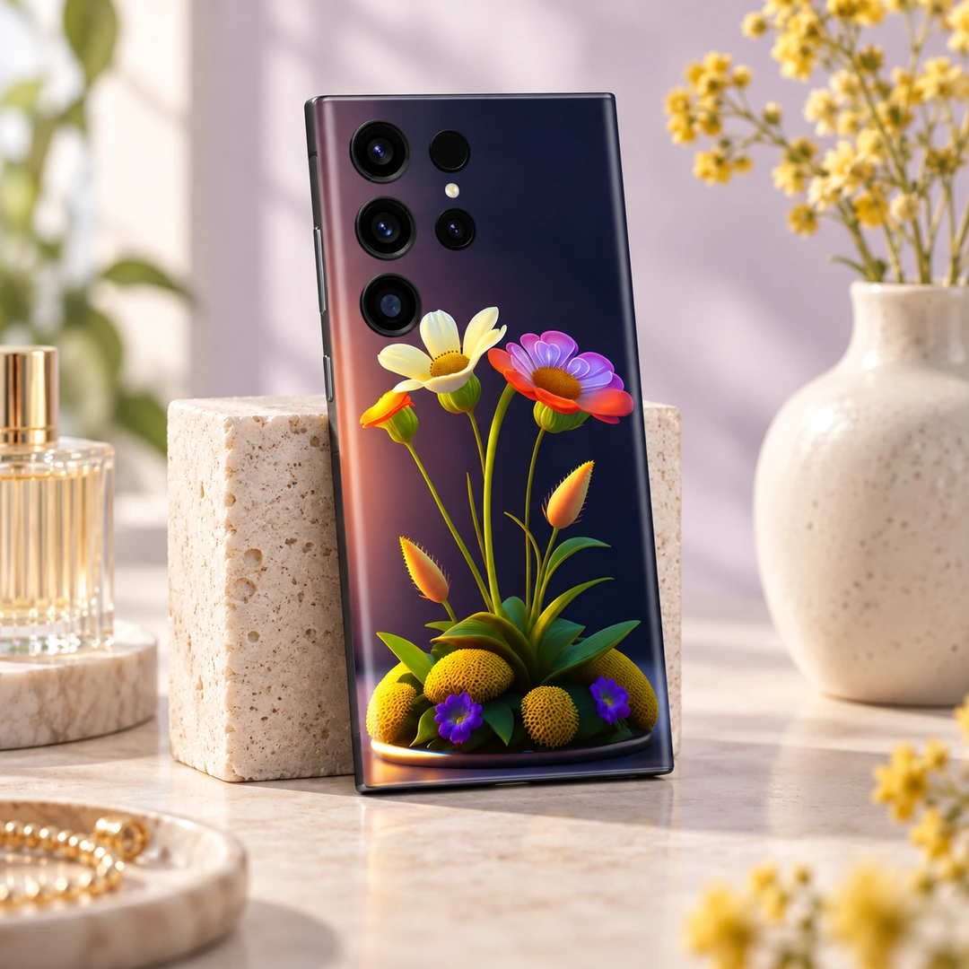 3D Magical Flowers Mobile Skin - Travertine Vanity View 3D Magical Flowers mobile skin with yellow and purple floral artwork, travertine vanity view