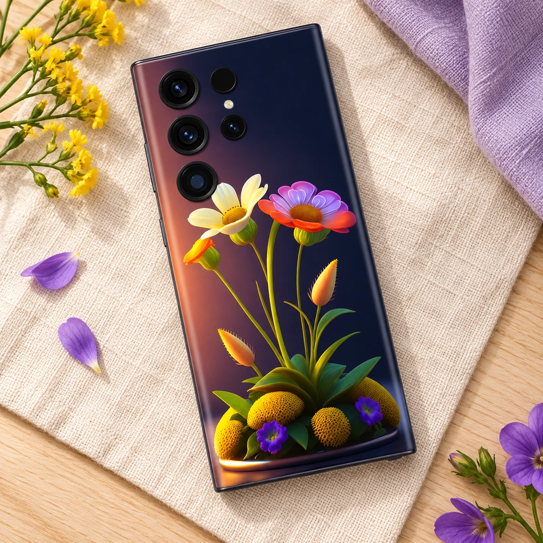 3D Magical Flowers Mobile Skin - Linen Flat Lay 3D Magical Flowers mobile skin with yellow and purple floral artwork, linen flat lay