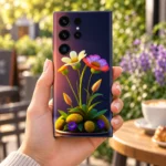 3D Magical Flowers mobile skin with yellow and purple floral artwork, garden cafe handheld