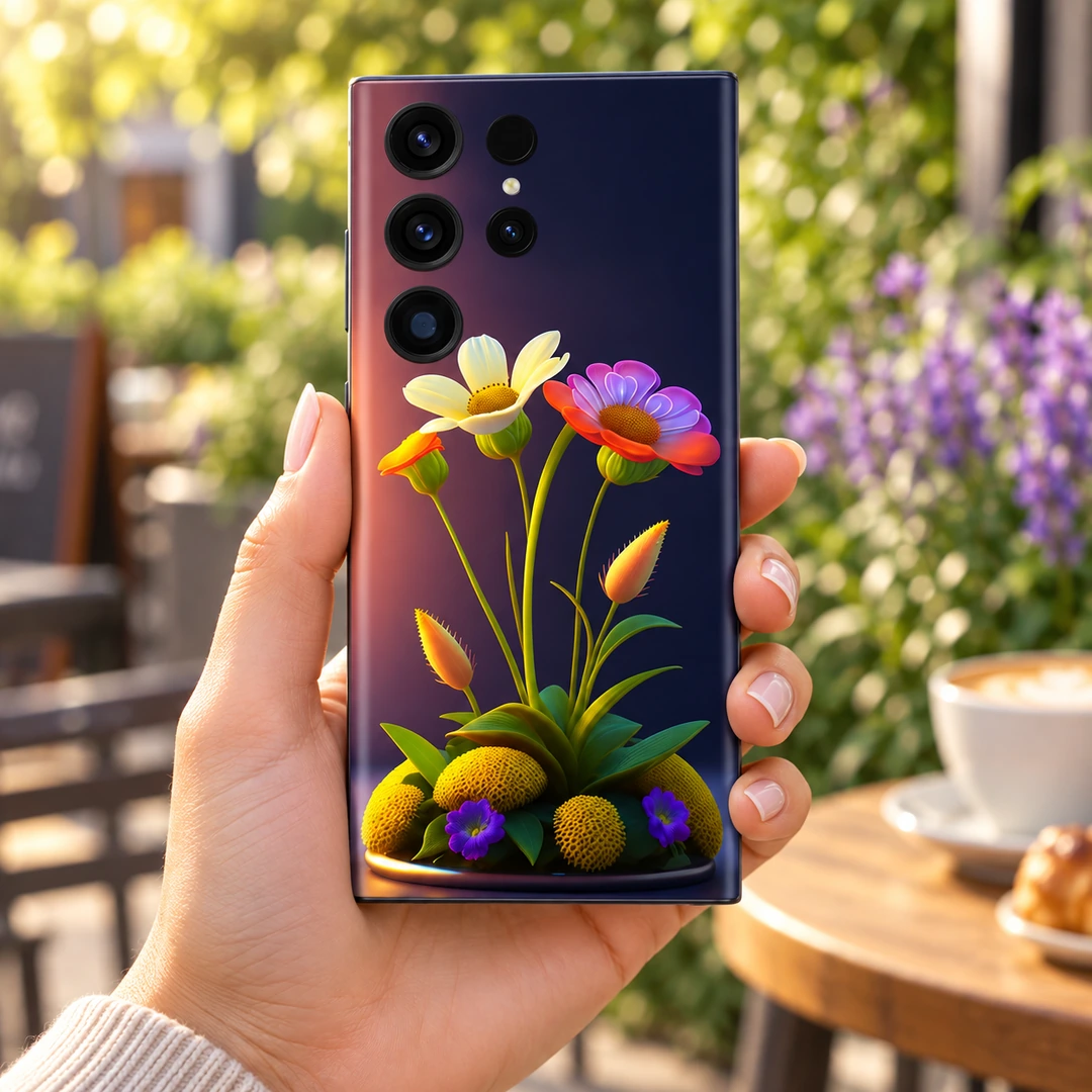 3D Magical Flowers Mobile Skin - Garden Cafe Handheld 3D Magical Flowers mobile skin with yellow and purple floral artwork, garden cafe handheld