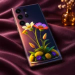 3D Magical Flowers mobile skin with yellow and purple floral artwork, aubergine satin angle