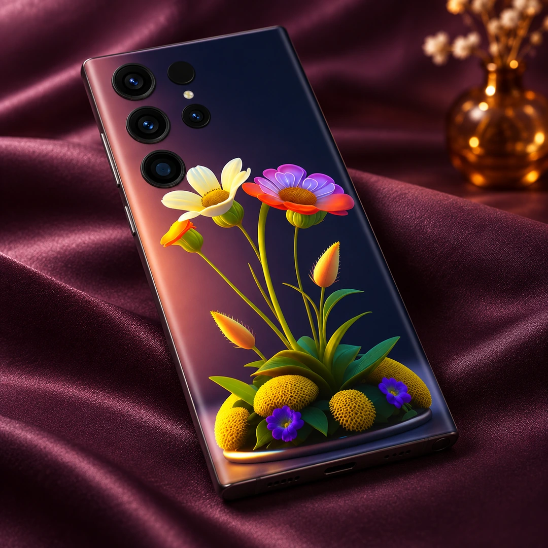 3D Magical Flowers Mobile Skin - Aubergine Satin Angle 3D Magical Flowers mobile skin with yellow and purple floral artwork, aubergine satin angle