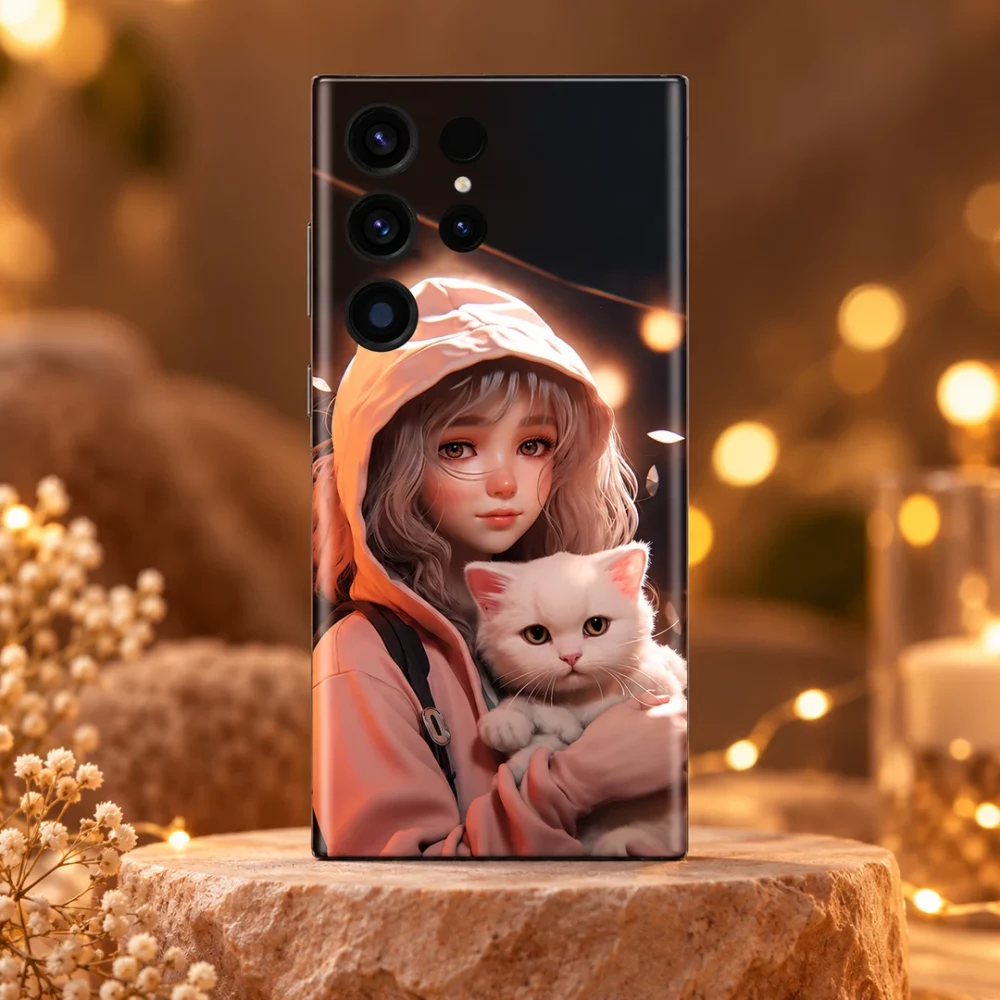 Cute Girl And Cat Mobile Skin, warm studio hero