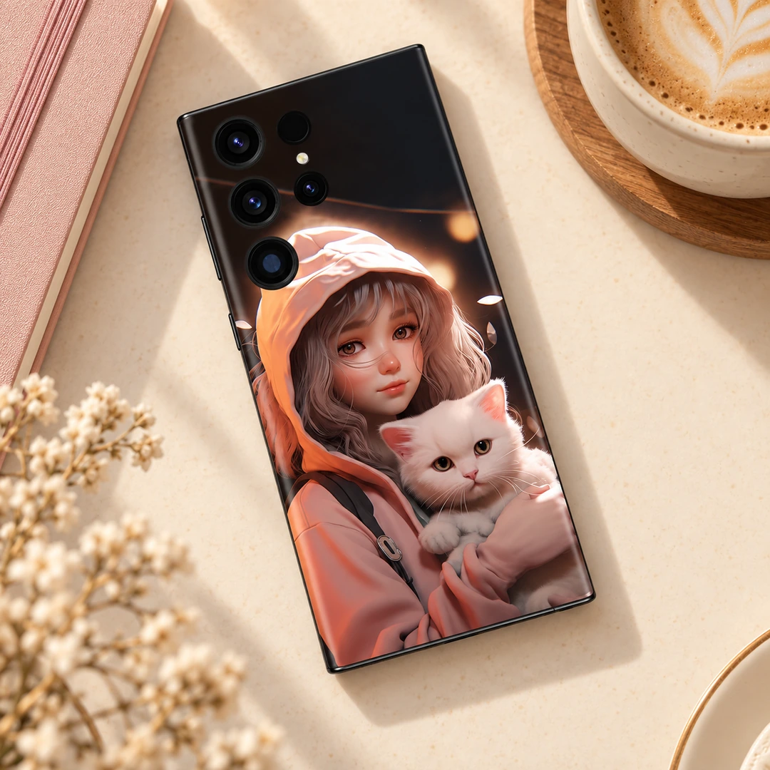 Cute Girl And Cat Mobile Skin - Overhead cafe view Cute Girl And Cat Mobile Skin, overhead cafe view