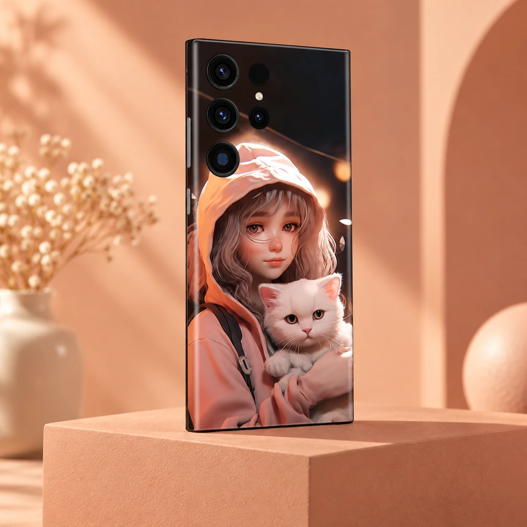 Cute Girl And Cat Mobile Skin - Angled peach display Cute Girl And Cat Mobile Skin, angled peach display