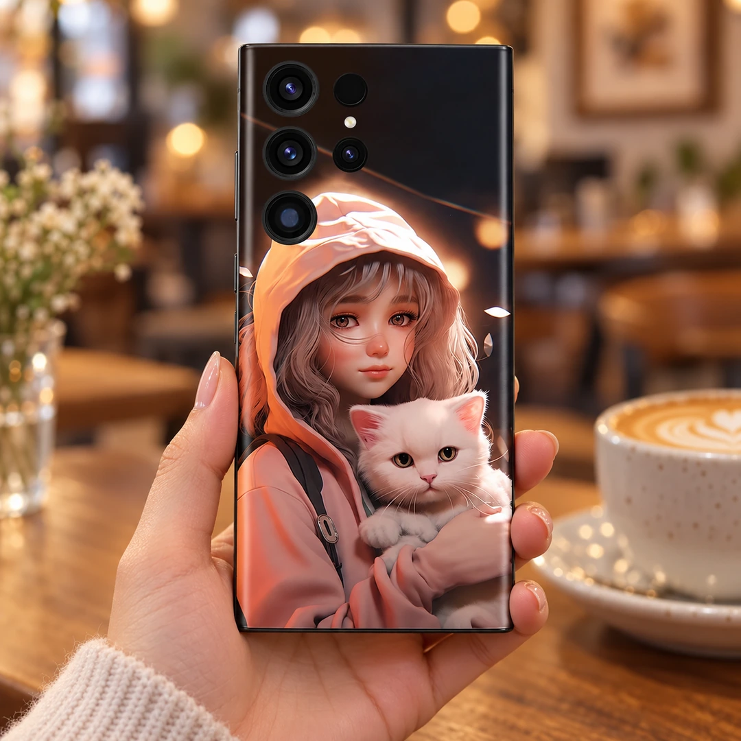 Cute Girl And Cat Mobile Skin - Handheld cafe view Cute Girl And Cat Mobile Skin, handheld cafe view