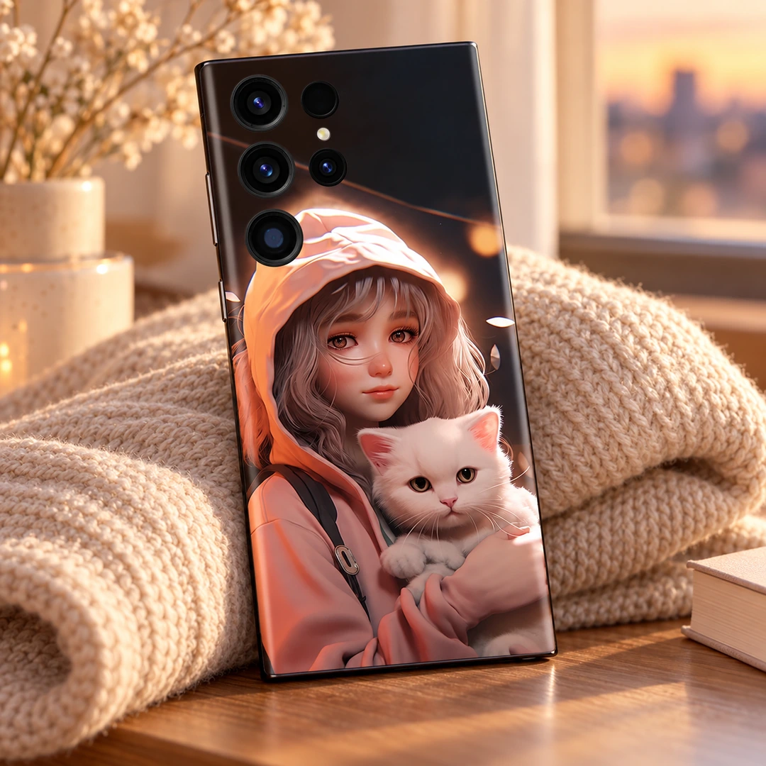 Cute Girl And Cat Mobile Skin - Window light detail Cute Girl And Cat Mobile Skin, window light detail