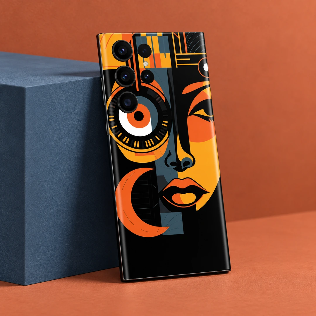 Abstract Portrait Mobile Skin - Angled Terracotta Studio Abstract portrait mobile skin with orange geometric face in angled terracotta studio