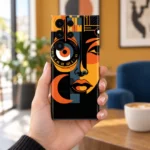 Abstract portrait mobile skin with orange geometric face in gallery cafe lifestyle
