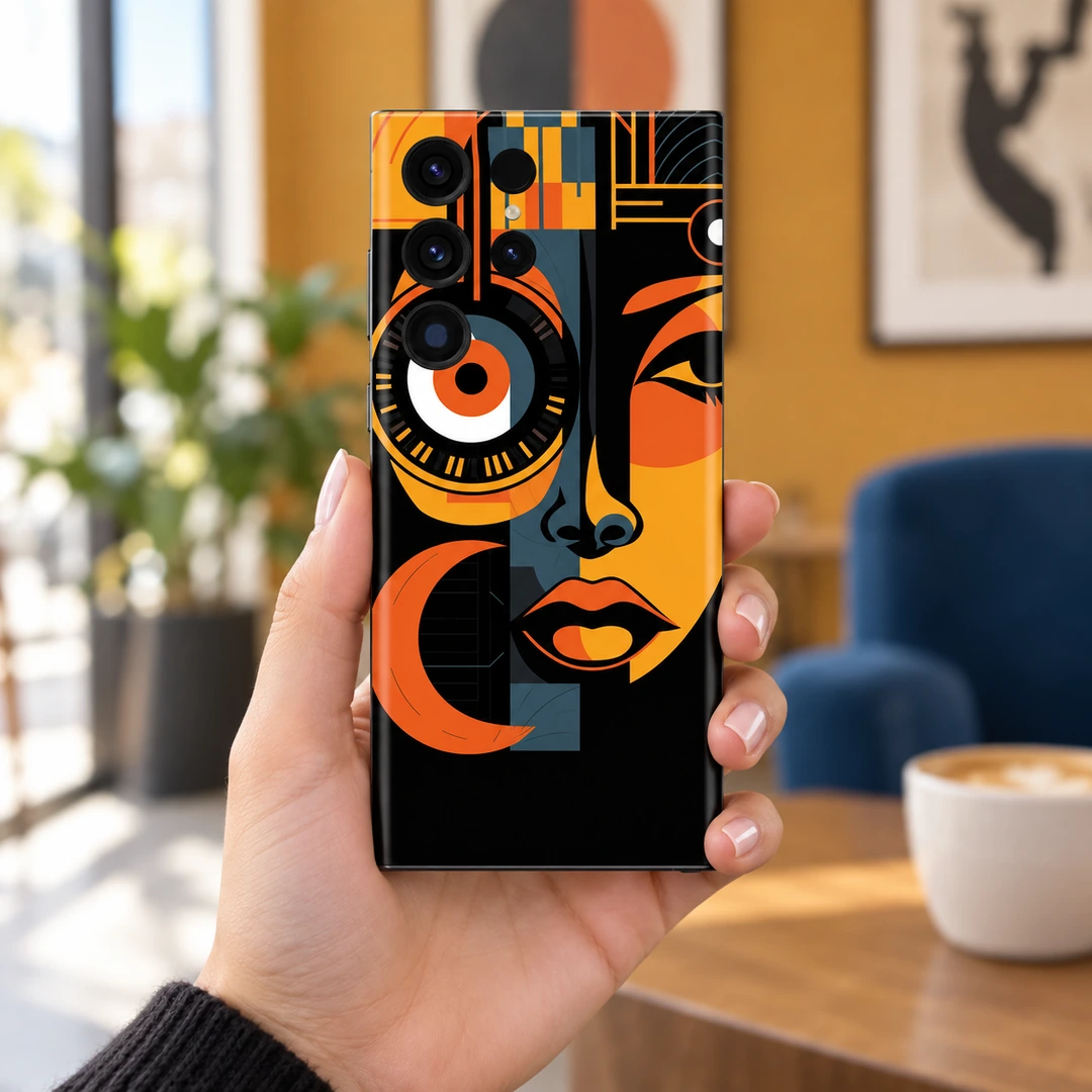 Abstract Portrait Mobile Skin - Gallery Cafe Lifestyle Abstract portrait mobile skin with orange geometric face in gallery cafe lifestyle