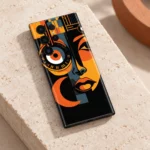Abstract portrait mobile skin with orange geometric face in stone detail