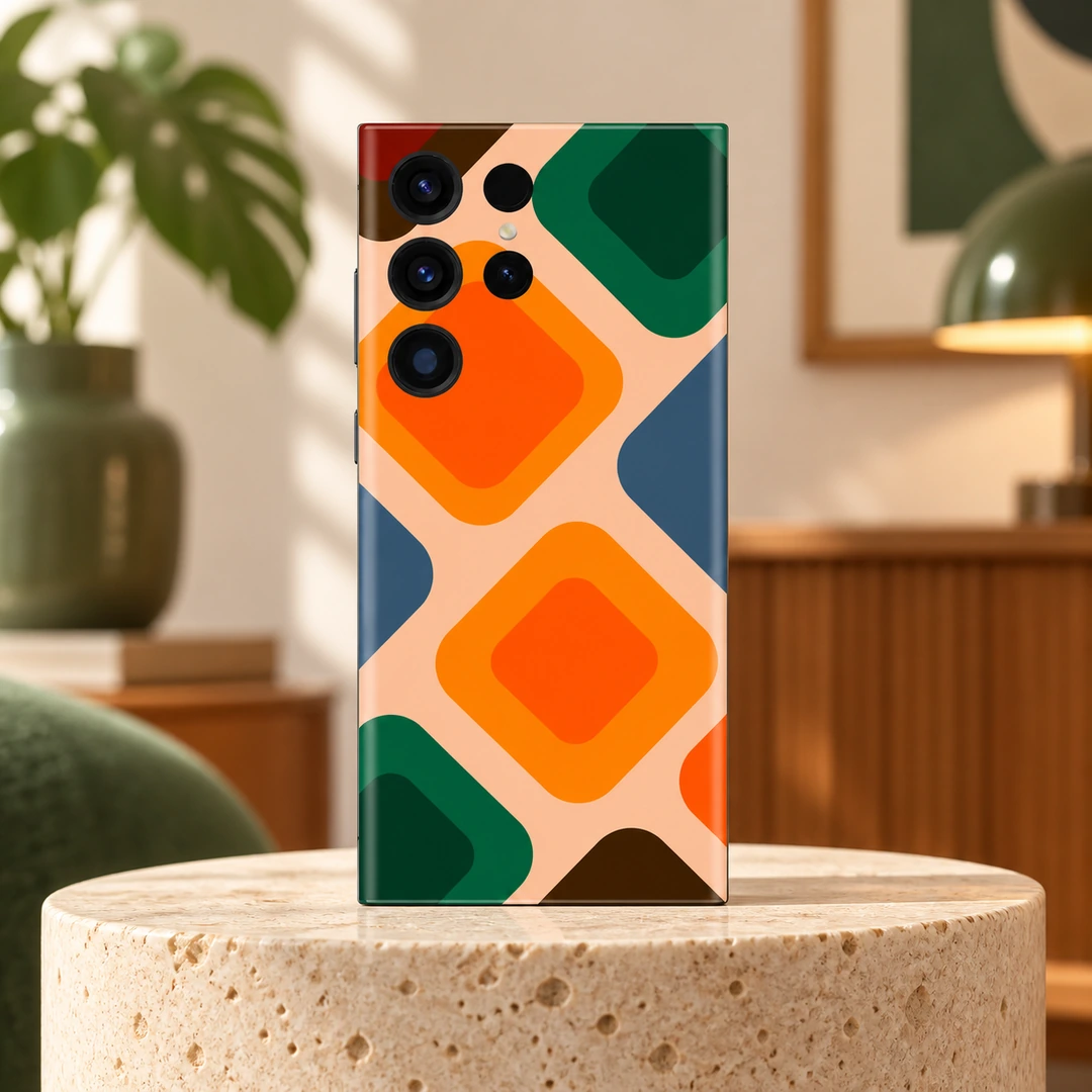 Abstract Pattern Mobile Skin - Midcentury Hero Abstract mobile skin with orange and green rounded diamonds on peach, midcentury hero