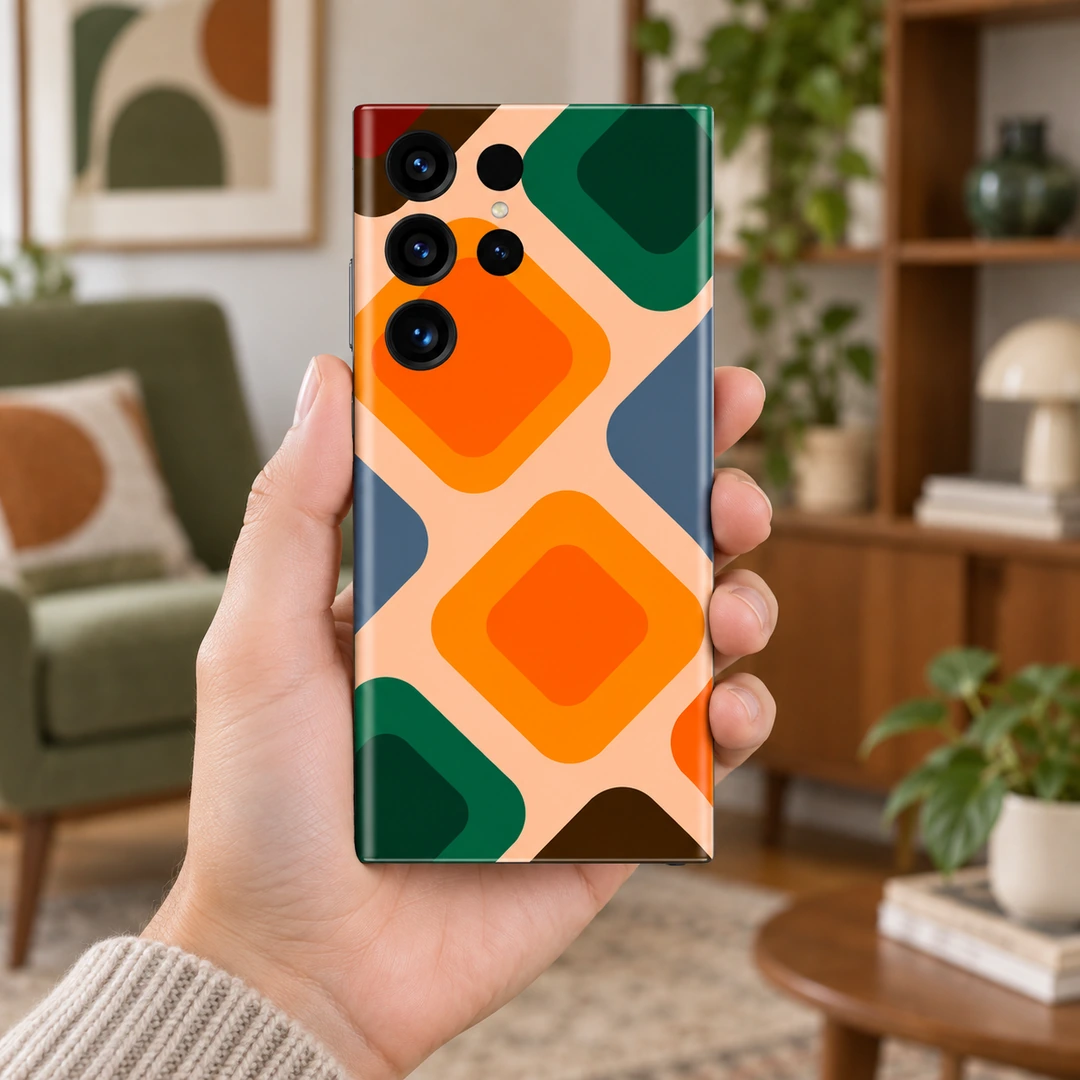 Abstract Pattern Mobile Skin - Handheld Room View Abstract mobile skin with orange and green rounded diamonds on peach, handheld room view