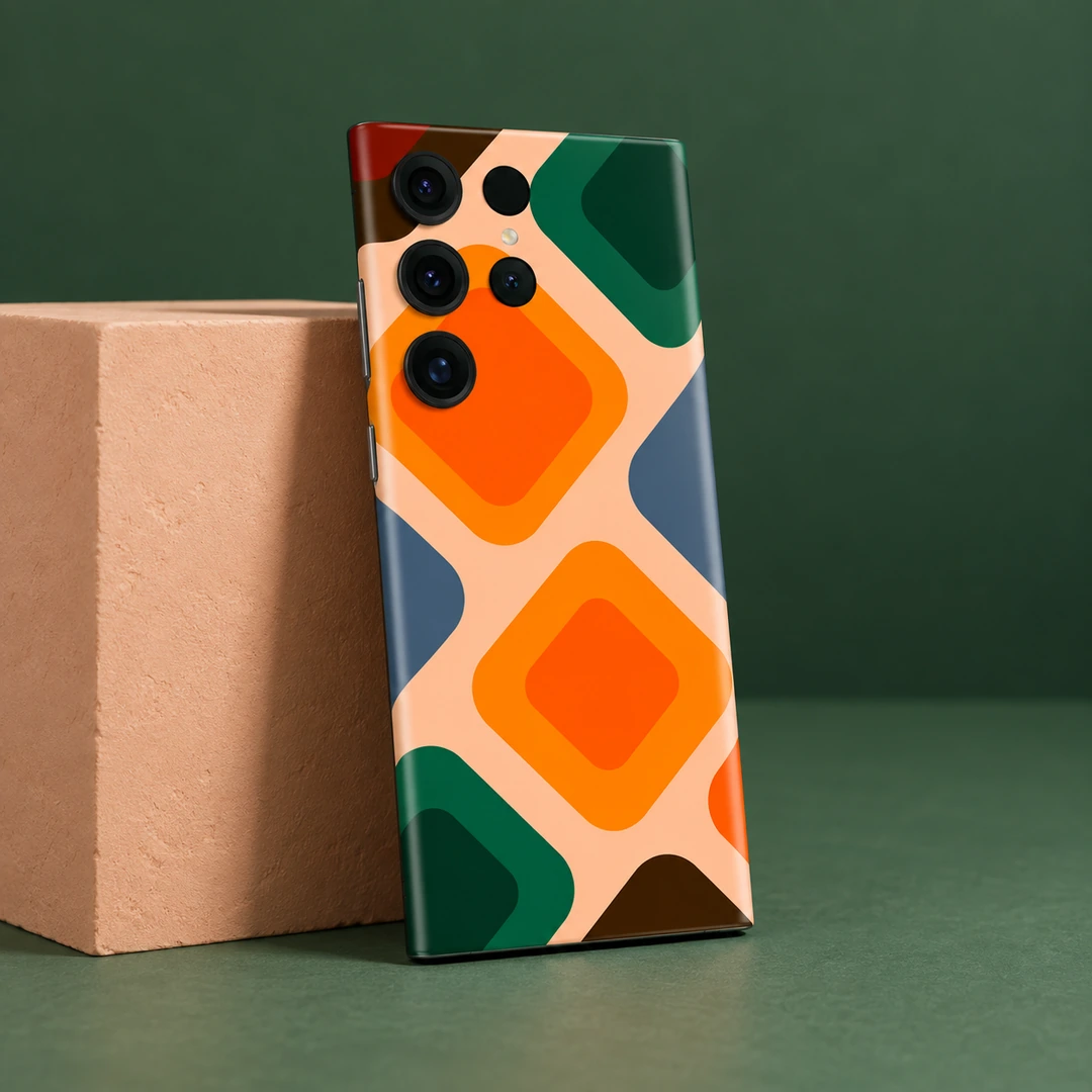 Abstract Pattern Mobile Skin - Studio Angle Abstract mobile skin with orange and green rounded diamonds on peach, studio angle