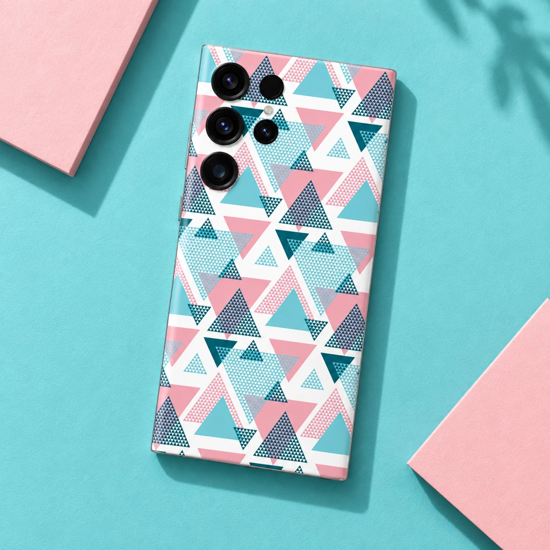 Abstract Triangles Pattern Mobile Skin - Aqua Flat Lay Pink, turquoise and deep teal abstract triangle pattern mobile skin on a white background, aqua flat lay