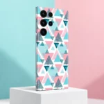Pink, turquoise and deep teal abstract triangle pattern mobile skin on a white background, pastel studio angle