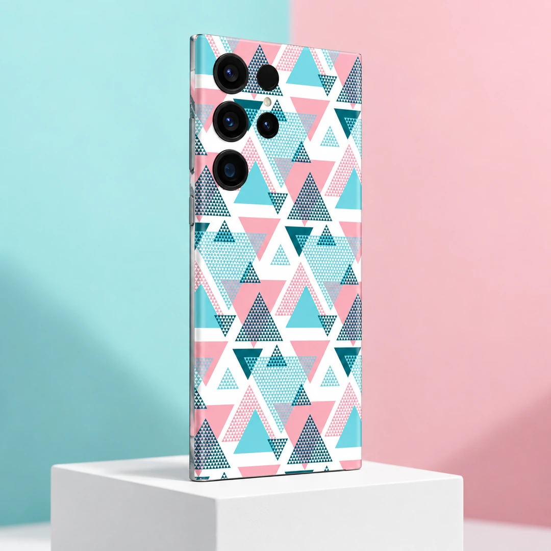 Abstract Triangles Pattern Mobile Skin - Pastel Studio Angle Pink, turquoise and deep teal abstract triangle pattern mobile skin on a white background, pastel studio angle