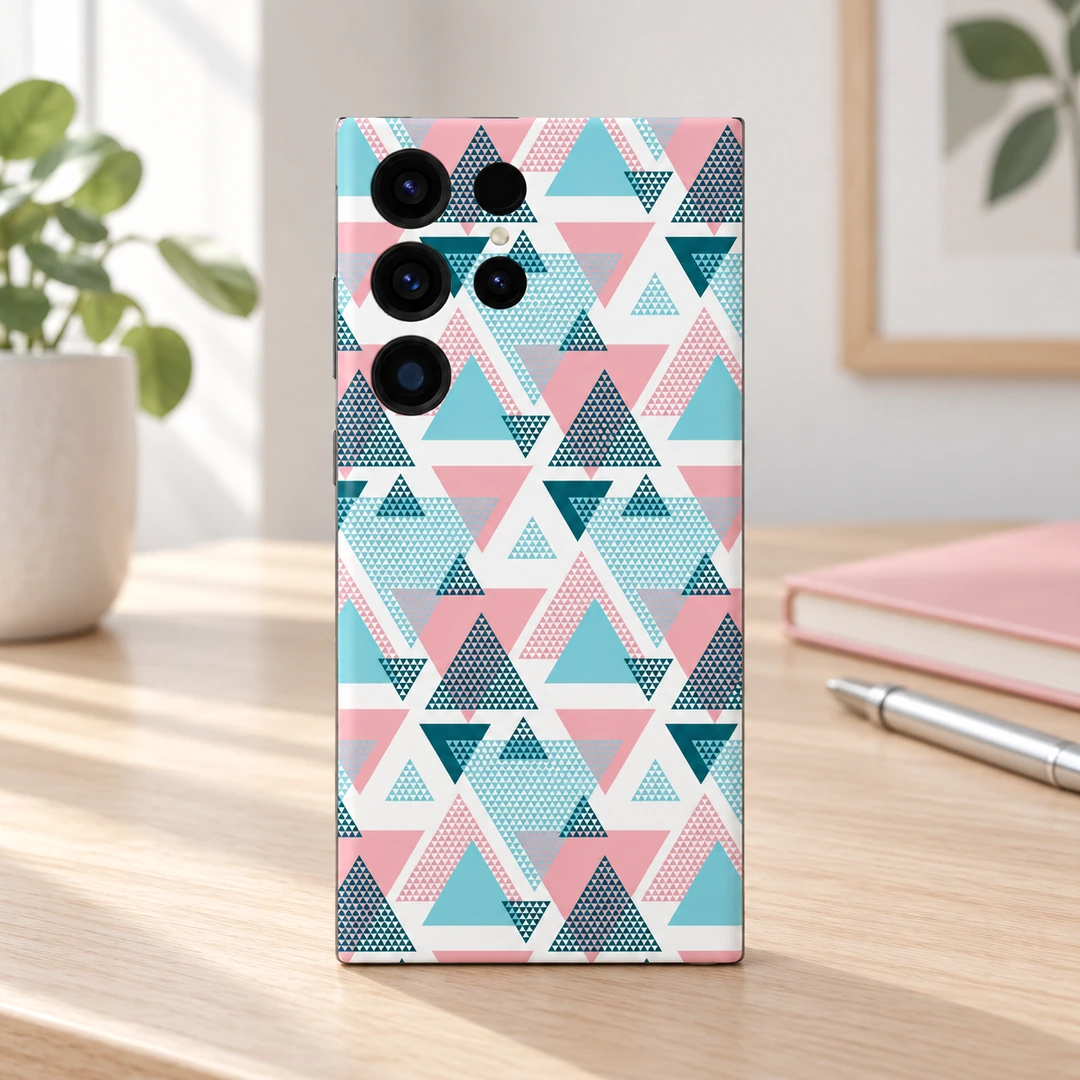 Abstract Triangles Pattern Mobile Skin - Oak Desk Lifestyle Pink, turquoise and deep teal abstract triangle pattern mobile skin on a white background, oak desk lifestyle