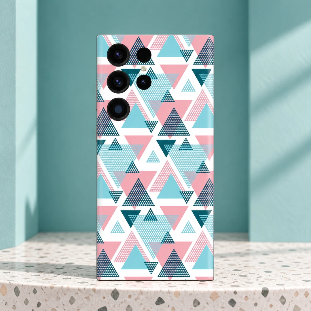 Abstract Triangles Pattern Mobile Skin - Teal Terrazzo Setting Pink, turquoise and deep teal abstract triangle pattern mobile skin on a white background, teal terrazzo setting