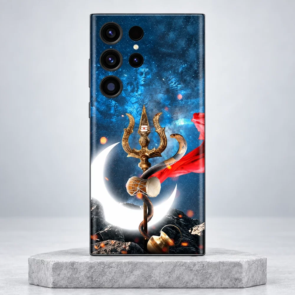 Adiyogi Shiva mobile skin with golden trishul, damru and glowing crescent on cosmic blue, clean stone hero