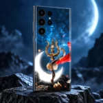 Adiyogi Shiva mobile skin with golden trishul, damru and glowing crescent on cosmic blue, moonlight studio