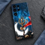 Adiyogi Shiva mobile skin with golden trishul, damru and glowing crescent on cosmic blue, slate flat lay