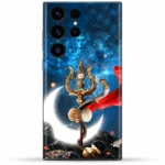 Adiyogi Shiva mobile skin with golden trishul, damru and glowing crescent on cosmic blue, trishul artwork view