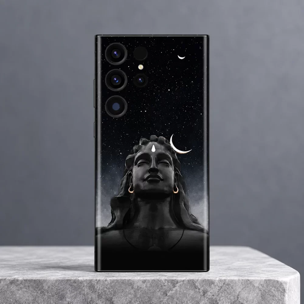 Adiyogi portrait mobile skin with black starry sky and white crescent moons on a cool grey pedestal