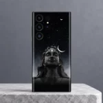 Adiyogi portrait mobile skin with black starry sky and white crescent moons on a cool grey pedestal