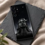 Adiyogi portrait mobile skin with stars and white crescent details on charcoal slate and taupe linen