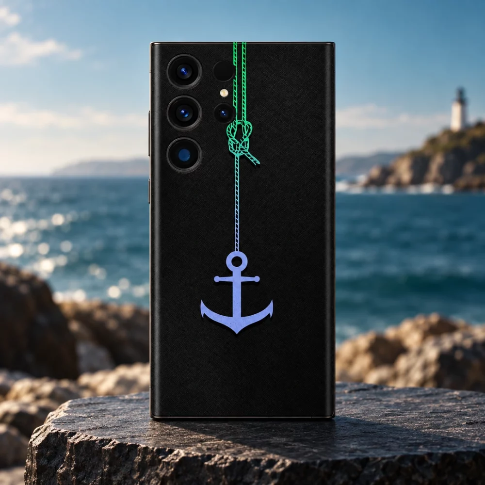 Black Anchor Mobile Skin with green rope and blue-purple anchor, coastal slate hero