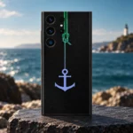 Black Anchor Mobile Skin with green rope and blue-purple anchor, coastal slate hero