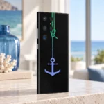 Black Anchor Mobile Skin with green rope and blue-purple anchor, coastal apartment angle