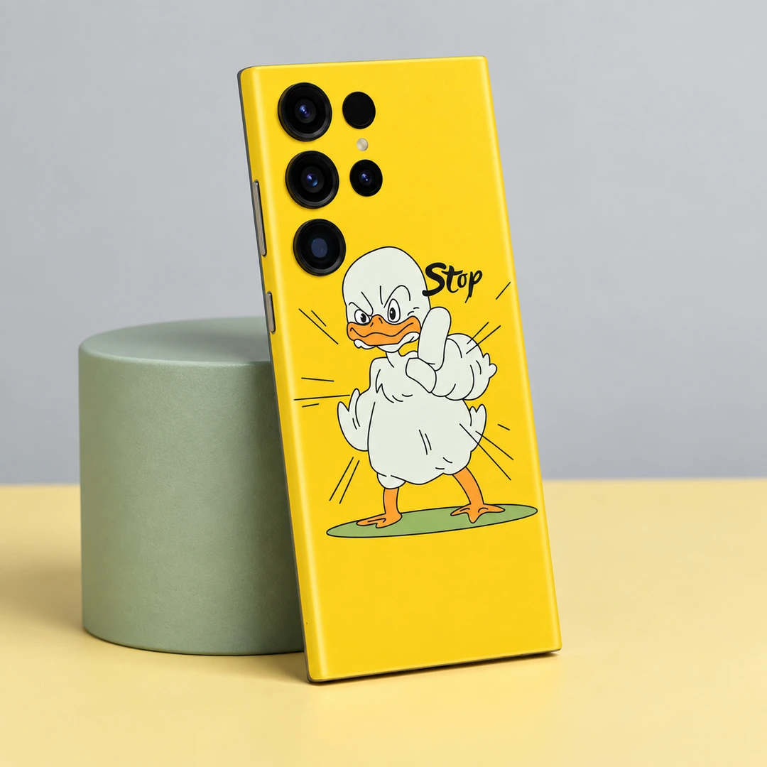 Angry Duck Yellow Mobile Skin - sage cylinder angled view Angry Duck Yellow Mobile Skin, sage cylinder angled view