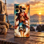 Angry Luffy mobile skin with straw hat and red shirt, ocean sunset hero view