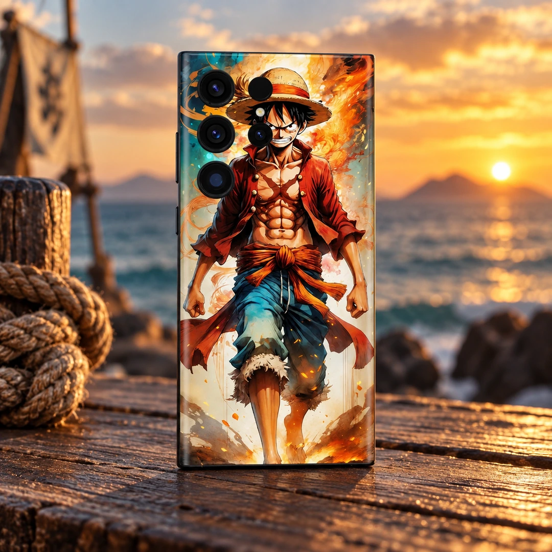 Angry Luffy Mobile Skin - Ocean Sunset Hero Angry Luffy mobile skin with straw hat and red shirt, ocean sunset hero view