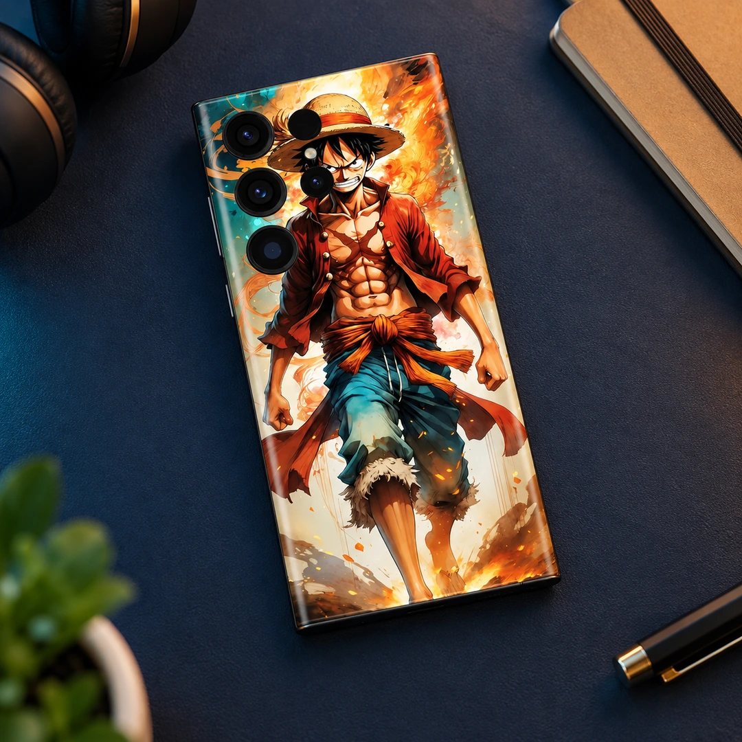Angry Luffy Mobile Skin - Navy Desk Flat Lay Angry Luffy mobile skin with straw hat and red shirt, navy desk flat lay view
