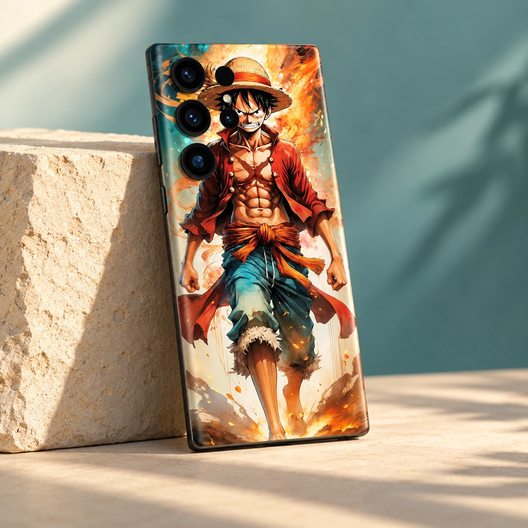Angry Luffy Mobile Skin - Teal Sandstone Studio Angry Luffy mobile skin with straw hat and red shirt, teal sandstone studio view